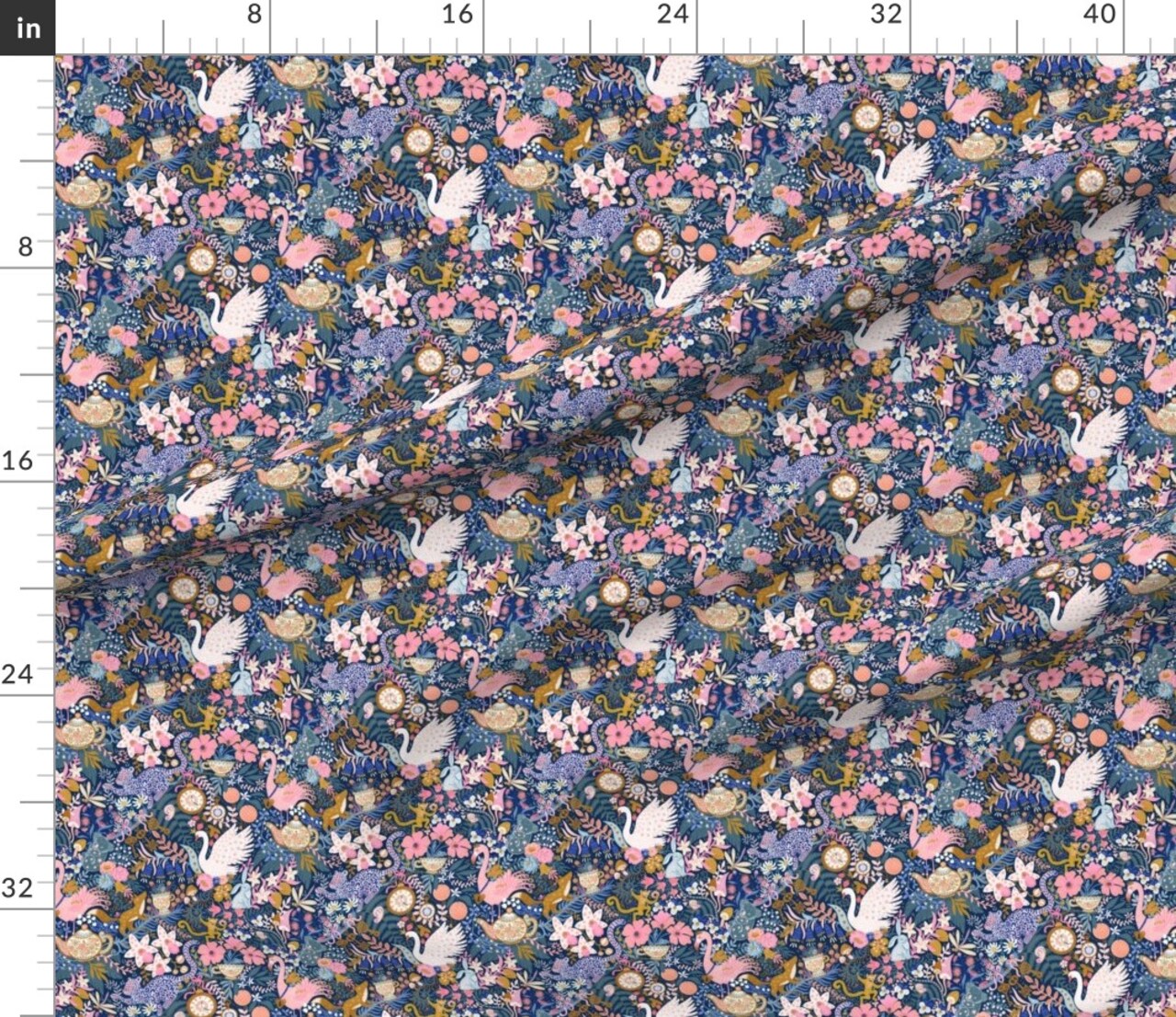 Maximalist Tea Party Whimsical Chintz Pink Purple Mustard Swans And Flamingos Custom Printed Fabric by Spoonflower Various Fabrics by the Yard or Fat Quarter